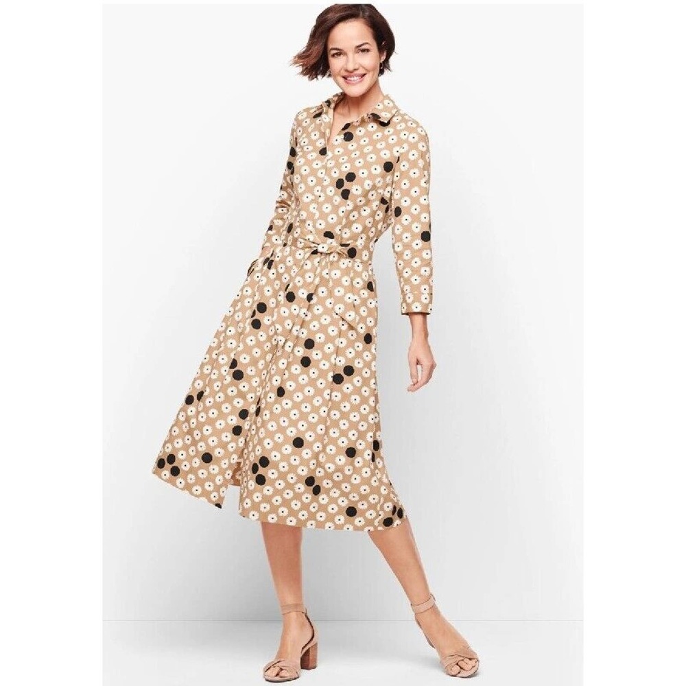 NWOT Talbots Poplin Shirtdress Long Sleeve Tan Black Floral Dot